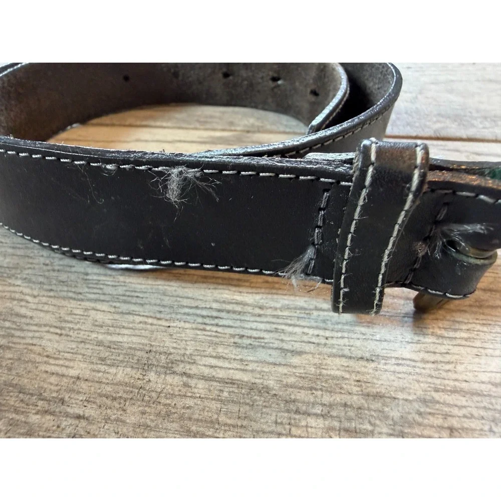 Genuine Leather Belt Black size Medium USA Twisted Buckle‎ Brasstone Vtg Western